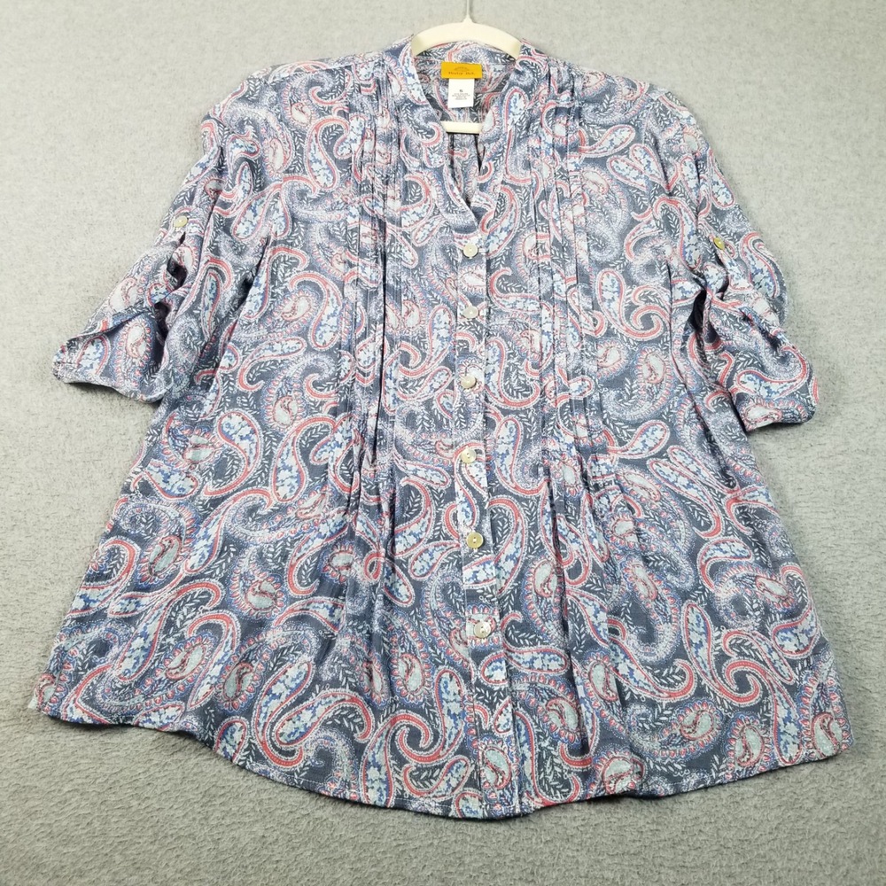 Ruby Rd Button Up Shirt Women's Small S Blue Red Paisley See Through 3/4 Sleeve